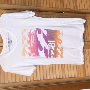 Billabong Brand Women's White Tee With Purple, Pink, Orange & Yellow Graphics